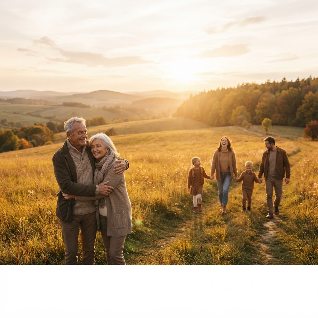 Multiple generations of a family walking together through a golden autumn field at sunset