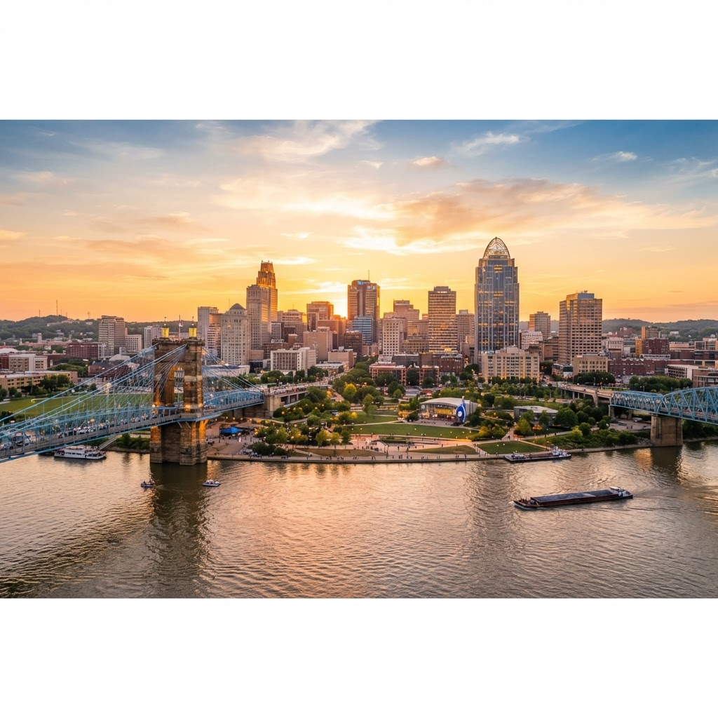 Cincinnati skyline and riverfront at golden hour